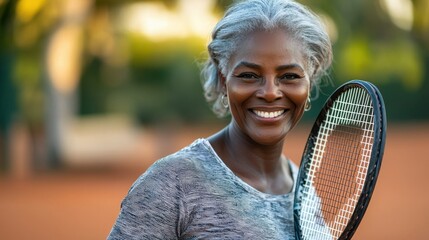 Diverse athletes mature African American woman tennis player with silver hair holding racquet on clay court with confident smile