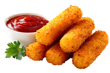 On transparent background crispy golden fried mozzarella cheese sticks are arranged next to a white bowl of