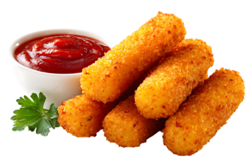 On transparent background crispy golden fried mozzarella cheese sticks are arranged next to a white bowl of