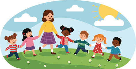 Cartoon adult walking with six children on grassy field with flowers under sunny sky, cheerful outdoor vector illustration