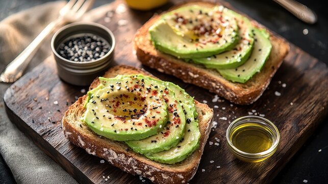 Avocado toast gourmet breakfast presentation on wooden cutting board with sliced avocado, seasonings, olive oil and lemon half on rustic surface