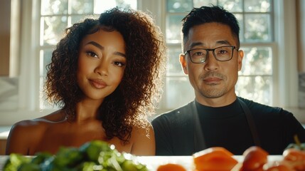 Interracial couple happy Black woman Asian man glasses cooking fresh produce modern kitchen counter natural light domestic partnership lifestyle