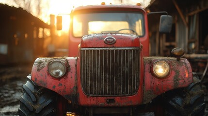 Fototapeta premium Red Tractor Front View, Close Up