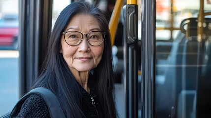 Morning commute Asian businesswoman with long straight hair and eyeglasses waiting at bus stop with professional attire and confident expression