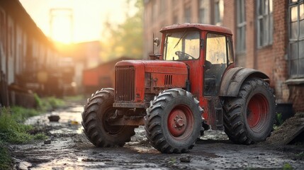 Fototapeta premium Red Tractor on Muddy Roadway near Buildings