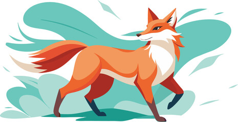 Obraz premium Stylized orange fox walking with a flowing tail against a teal background