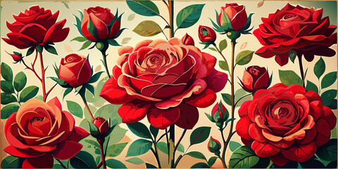 Seamless pattern of red rose blossoms creates a beautiful floral background, perfect for a romantic spring design