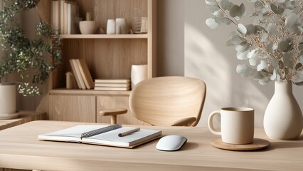 Cozy Home Office Setup: Minimalist  Scandinavian Desk with Coffee, Notebook, and Mouse in Soft Sunlight 