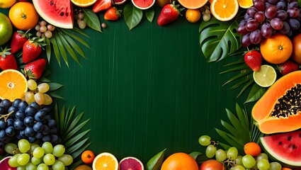 A vibrant and colorful frame of fresh tropical fruits and green leaves creates a healthy and inviting background for summer designs
