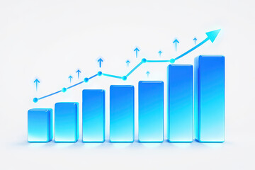 A blue bar graph with an upward trending line and arrows on a white background showing growth
