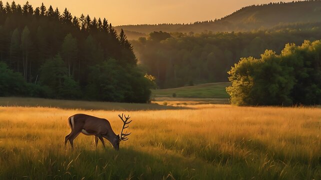 Deer horse and cows grazing in mountain meadow summer landscape - Powered by Adobe