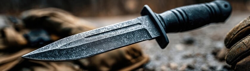 Tactical dagger with classic model concept. Close-up of a tactical knife resting on a rugged surface.