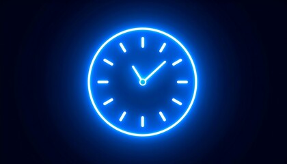 Neon blue clock face on dark background