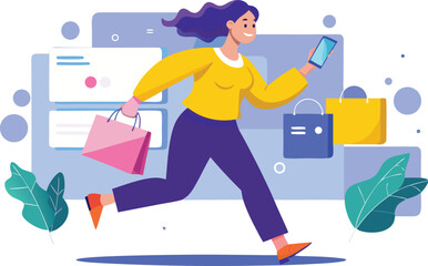 Woman with shopping bags and phone running with excitement