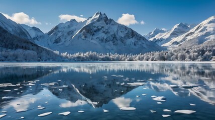 Winter mountain lake view in Mount Cook National Park New Zealand with snow covered peaks and alpine scenery