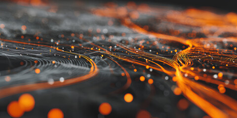 Abstract glowing orange lines and bokeh lights on a dark background