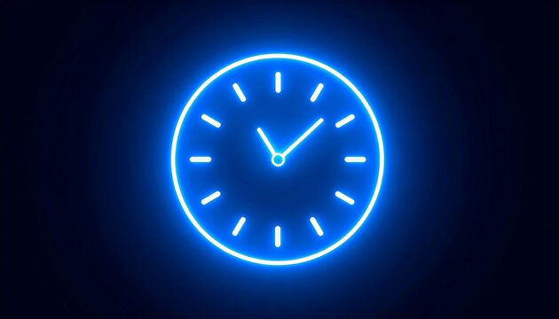Neon blue clock face on dark background