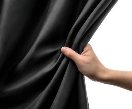 Hand pulling black curtain aside, isolated on transparent cutout background