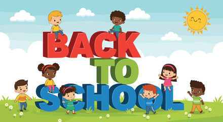 Cartoon children around colorful “Back to School” letters with sun, clouds, and flowers, vector illustration of education and joyful return