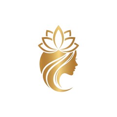 Obraz premium Elegant Gold Woman Silhouette Logo with Flower for Beauty Salon and Spa