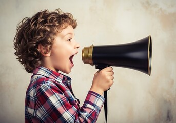 Young boy with curly hair shouting into a vintage megaphone
