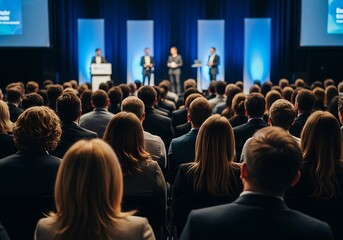 A large audience listens attentively during a business conference presentation