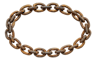 Oval frame made of old rusty chain links, isolated on transparent cutout background