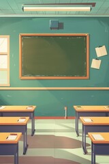 Classroom setting for back to school season with desk and blackboard design for education themes. Flat illustartion. Vertical banner. Copy space. Free space for text