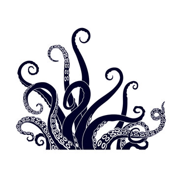 Silhouette of giant octopus tentacles. Isolated black drawing of kraken. Legendary underwater sea monster. Fantasy ocean beast