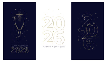 New Year banner or card design with line drawing of sparkling wine glass and number 2026. Minimalist style with golden contour lines. Vector illustration