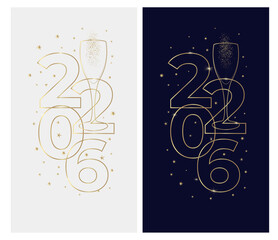 New Year banner or card design with line drawing of sparkling wine glass and number 2026. Minimalist style with golden contour lines. Vector illustration