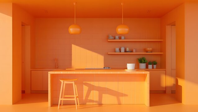 A monochrome orange kitchen showcases a modern minimalist design with clean lines, geometric shapes, and bright lighting