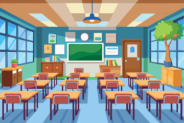 Empty school classroom illustration in flat vector style. Back-to-school concept with desks, chairs, and a chalkboard. Perfect for educational themes and academic designs.