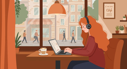 Young woman with headphones working remotely on a laptop in a cozy city coffee shop