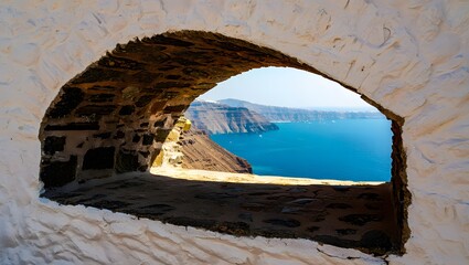 A captivating view of the aegean sea and volcanic cliffs framed by a stone window in santorini, greece, evoking the beauty and tranquility of the island