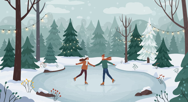 Romantic couple holding hands while ice skating on a frozen pond in a winter wonderland.
