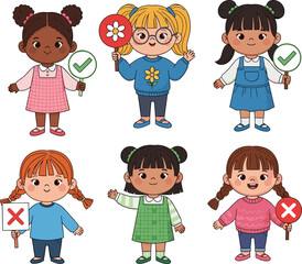 Cartoon children holding signs with green check marks and red Xs, vector illustration of correct and incorrect choices concept