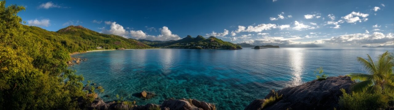 Stunning 360-degree hdr panoramic view of serene coastal nature at beautiful bay