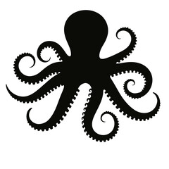 Stylized black octopus silhouette. A simple graphic icon of a marine cephalopod with curling tentacles, isolated on white. © pixelpek