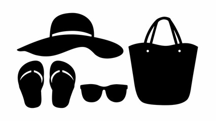 Silhouette of beach essentials including a hat, flip flops, sunglasses, and a tote bag for vacation | editable eps vectors