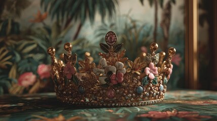Line tiara in retro vintage concept. A beautifully crafted crown adorned with colorful jewels.
