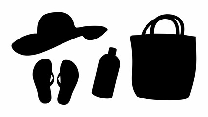 Silhouette of beach essentials including a wide brim hat, flip flops, sunscreen, and a tote bag ready for summer | editable eps vectors