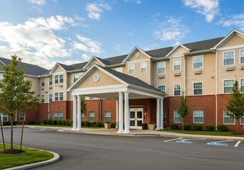 old houses in the netherlands, Senior retirement community with apartment-style living. Large brick hotel building with brown roof and white windows. Tree-lined street and parking lot outside.