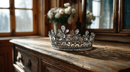 Line tiara in retro vintage concept. A beautiful crown resting elegantly on a wooden dresser in sunlight.
