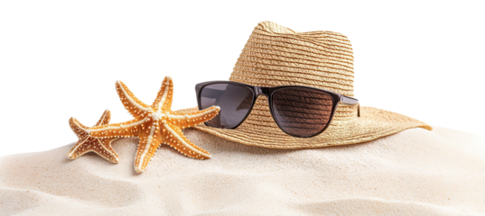 Beach hat and sunglasses with starfish, isolated on transparent cutout background