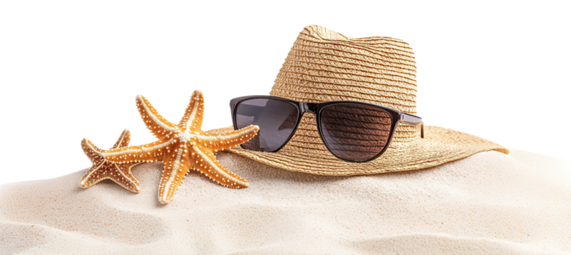 Beach hat and sunglasses with starfish, isolated on transparent cutout background