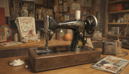 Antique sewing machine on a rustic wooden table in a vintage shop. Features ornate gold detailing on black metal. Includes thread spool, needle, and various crafting supplies in the background.