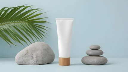 Natural Skincare Product Mockup with Stones & Leaf