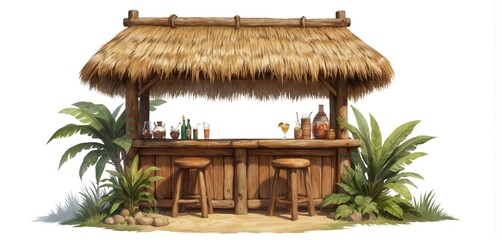Wooden tiki bar with thatched roof and tropical plants. Features a counter, two stools, and various refreshing drinks. Perfect for island getaways, beach parties, or summer celebrations.