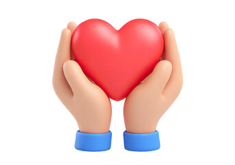 3d cartoon hands holding red heart, isolated on transparent cutout background